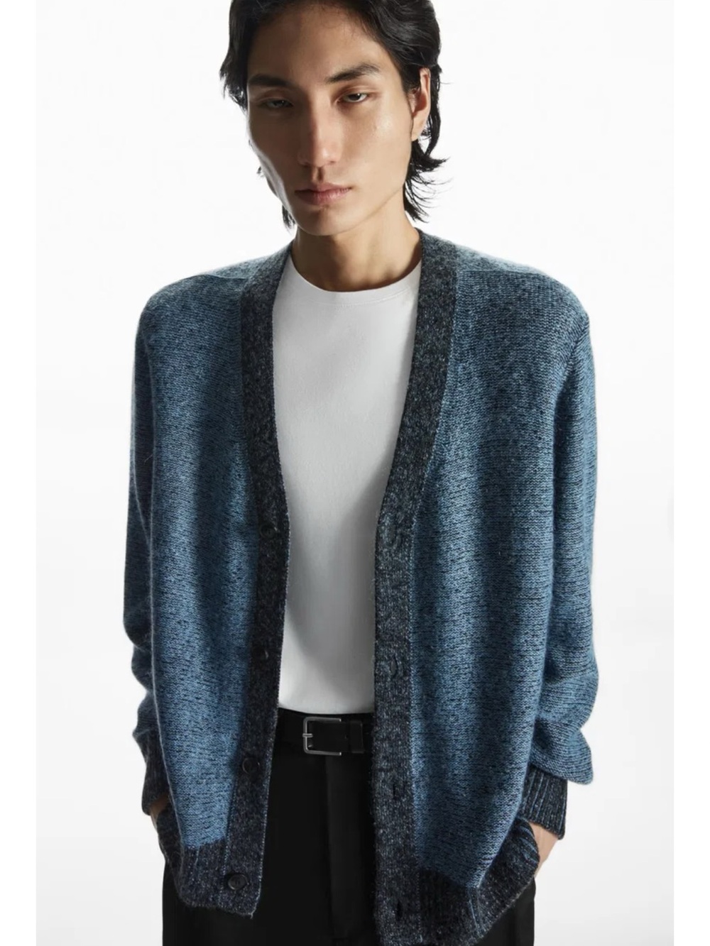 COS Men’s Wool Blend Blue and Gray Open Cardigan with Dark Trim Sz XXL